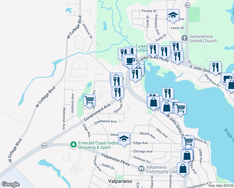 map of restaurants, bars, coffee shops, grocery stores, and more near 716 Howell Road in Niceville