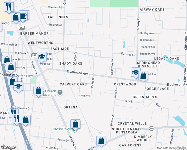 map of restaurants, bars, coffee shops, grocery stores, and more near 210 East Johnson Avenue in Pensacola