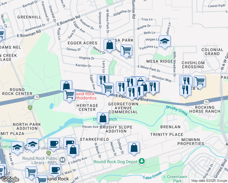 map of restaurants, bars, coffee shops, grocery stores, and more near 1101 Georgetown Street in Round Rock