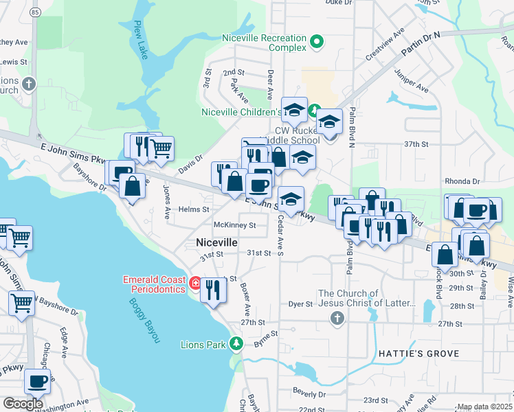 map of restaurants, bars, coffee shops, grocery stores, and more near 773 John Sims Parkway in Niceville