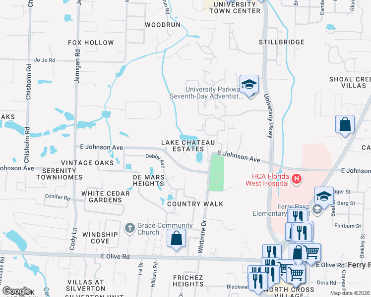 map of restaurants, bars, coffee shops, grocery stores, and more near 1460 Chalet Place in Pensacola