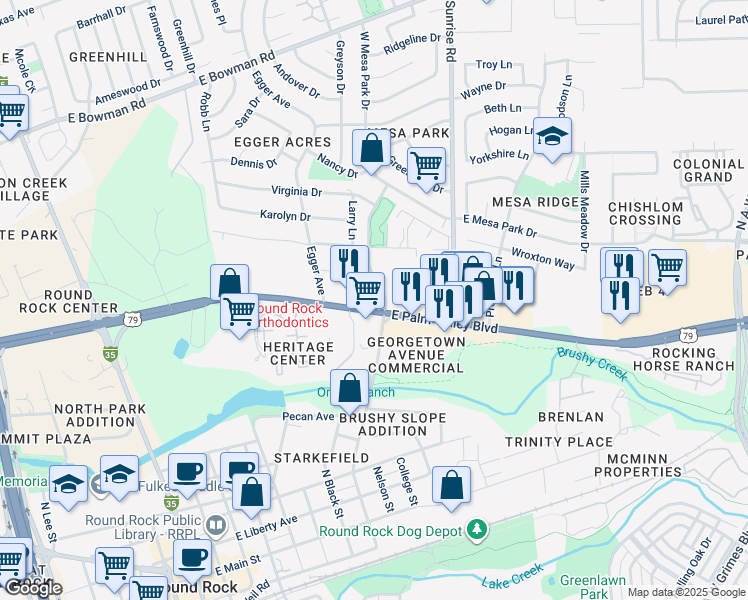 map of restaurants, bars, coffee shops, grocery stores, and more near 920 Palm Valley Boulevard in Round Rock