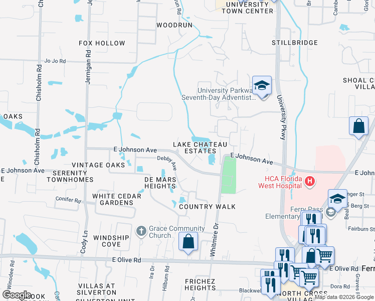 map of restaurants, bars, coffee shops, grocery stores, and more near 1441 Chalet Place in Pensacola