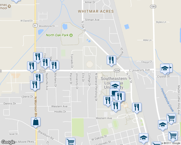 map of restaurants, bars, coffee shops, grocery stores, and more near 214 College Drive in Hammond