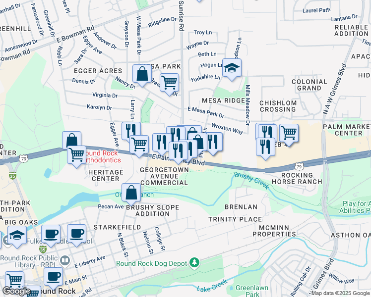 map of restaurants, bars, coffee shops, grocery stores, and more near 1196 Sunrise Road in Round Rock