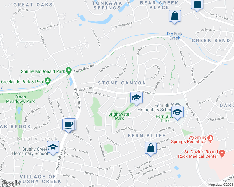 map of restaurants, bars, coffee shops, grocery stores, and more near Brightwater Blvd & Glen Canyon Dr in Brushy Creek