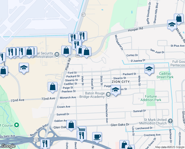 map of restaurants, bars, coffee shops, grocery stores, and more near 5003 Packard Street in Baton Rouge