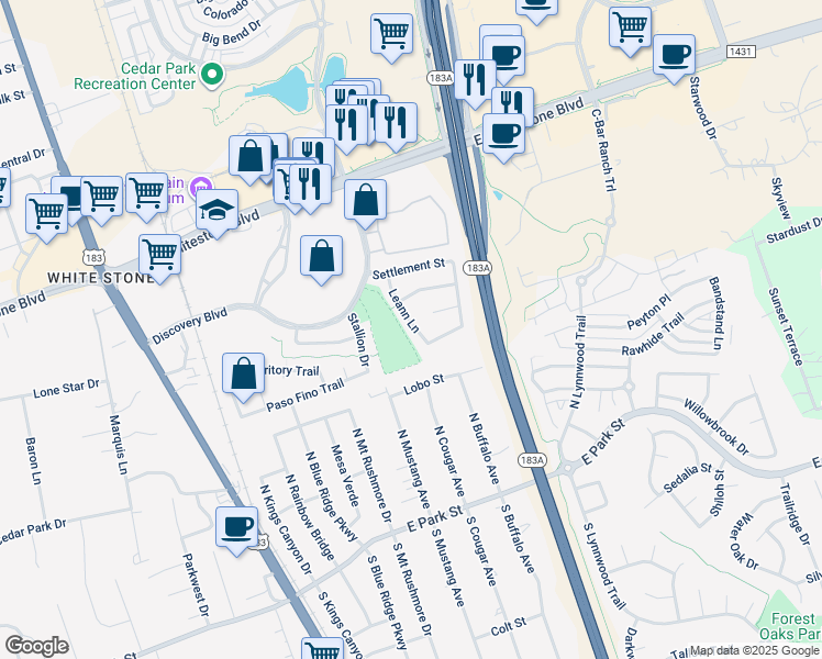 map of restaurants, bars, coffee shops, grocery stores, and more near 711 Leann Lane in Cedar Park