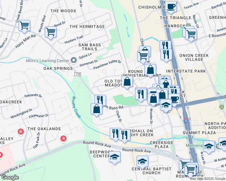 map of restaurants, bars, coffee shops, grocery stores, and more near 1407 Glenmeadows Drive in Round Rock