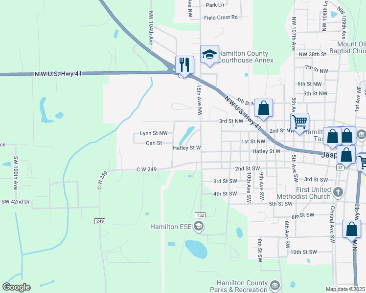 map of restaurants, bars, coffee shops, grocery stores, and more near 159 Northwest Robin Avenue in Jasper