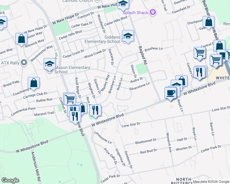 map of restaurants, bars, coffee shops, grocery stores, and more near 1311 Rosie Lane in Cedar Park