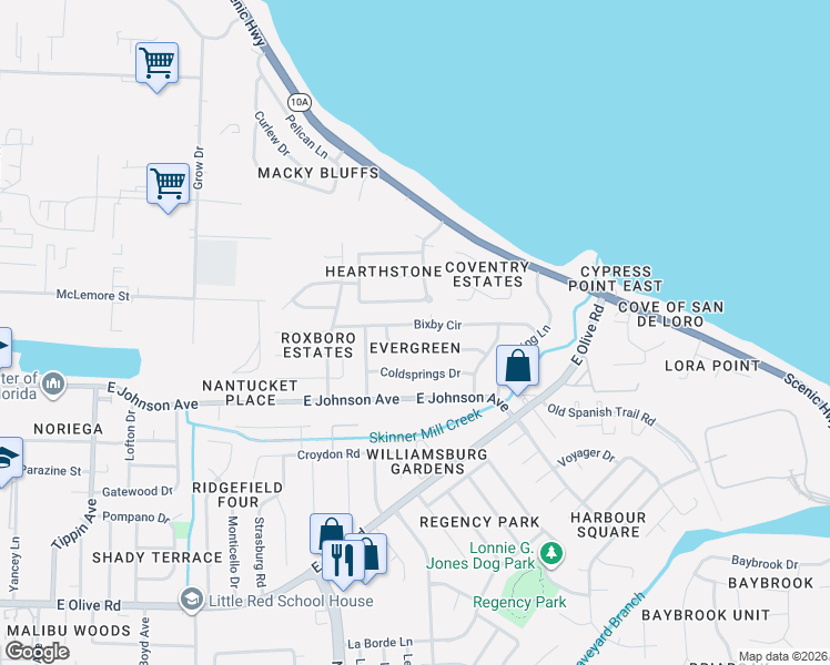 map of restaurants, bars, coffee shops, grocery stores, and more near 4361 Bixby Circle in Pensacola