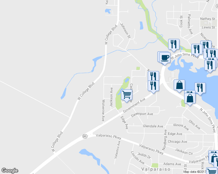 map of restaurants, bars, coffee shops, grocery stores, and more near 53 Jackson Avenue in Valparaiso
