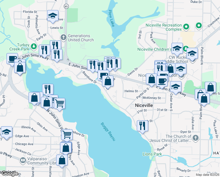 map of restaurants, bars, coffee shops, grocery stores, and more near 203 Edge Avenue in Niceville