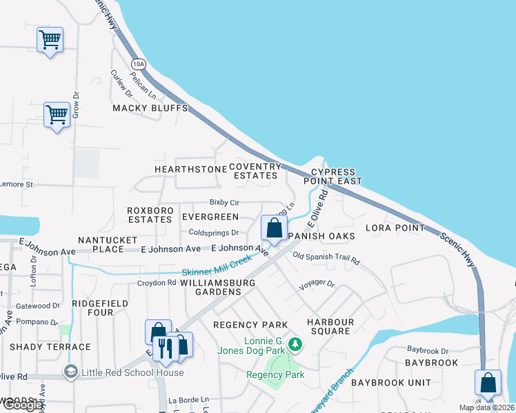 map of restaurants, bars, coffee shops, grocery stores, and more near 8613 Happy Valley Trail in Pensacola