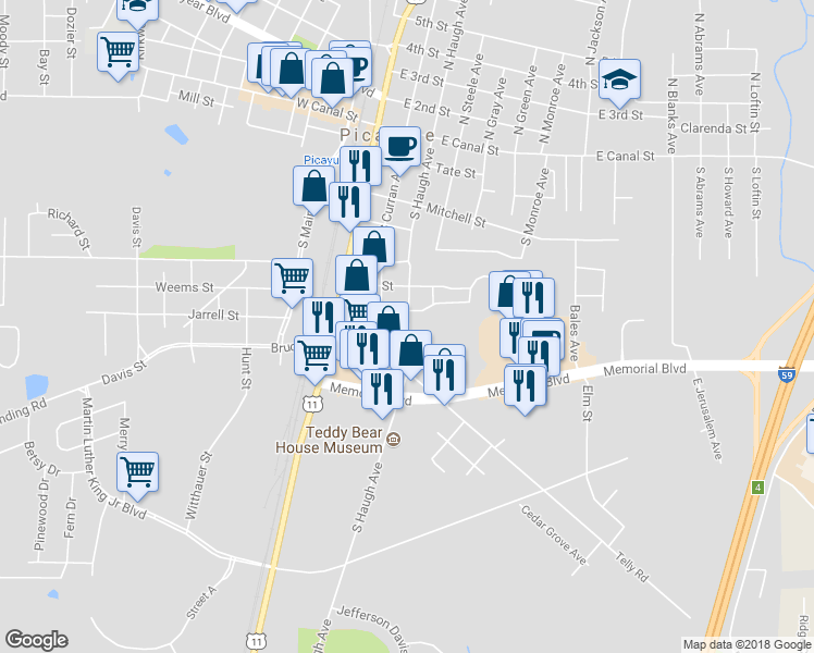 map of restaurants, bars, coffee shops, grocery stores, and more near 712 South Haugh Avenue in Picayune