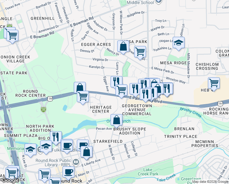 map of restaurants, bars, coffee shops, grocery stores, and more near 806 East Palm Valley Boulevard in Round Rock