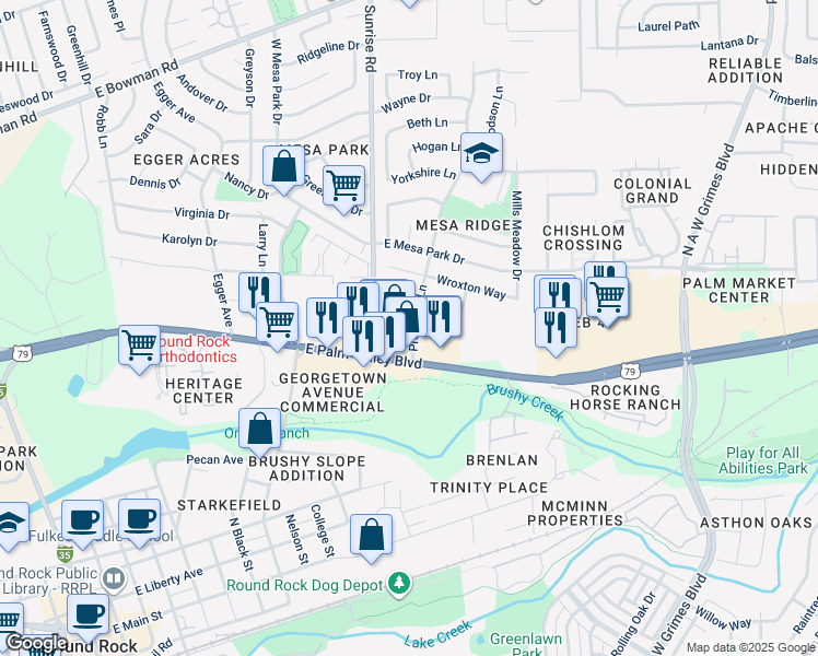 map of restaurants, bars, coffee shops, grocery stores, and more near 1207 Doreen Court in Round Rock