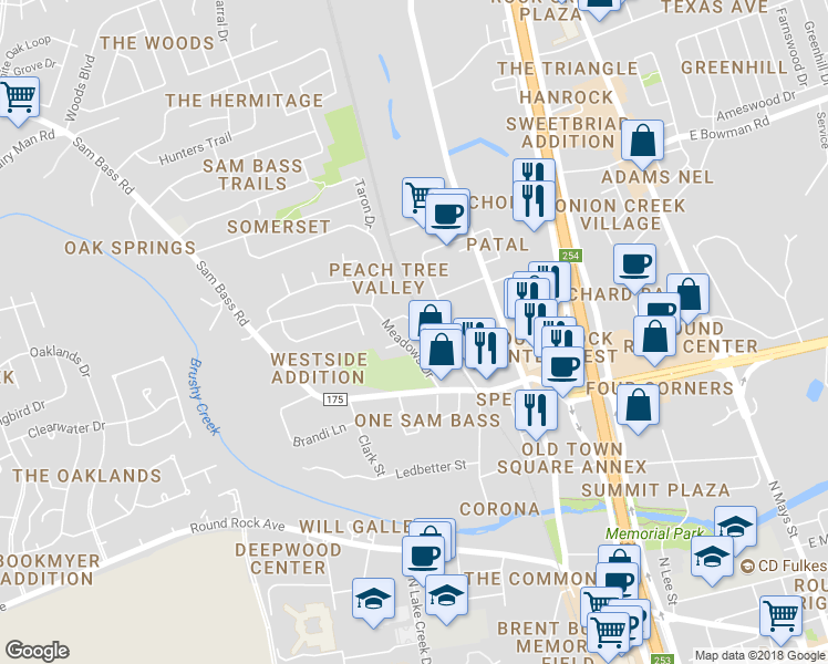 map of restaurants, bars, coffee shops, grocery stores, and more near 1202 Glenwood Cove in Round Rock