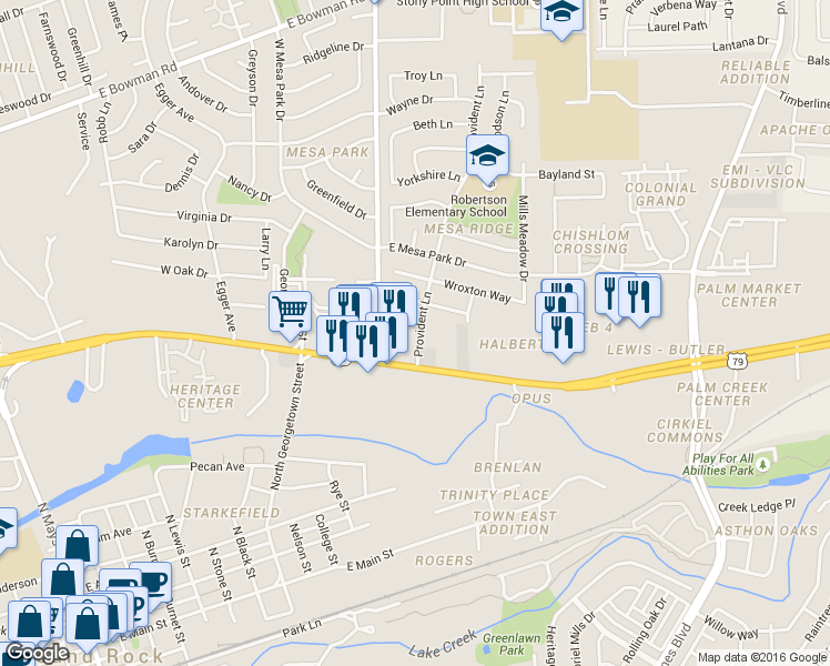 map of restaurants, bars, coffee shops, grocery stores, and more near 1207 Doreen Court in Round Rock