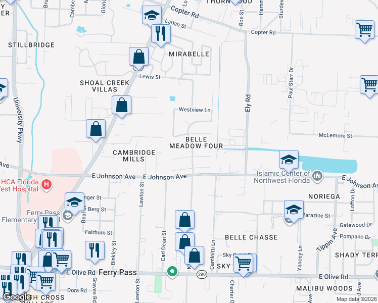 map of restaurants, bars, coffee shops, grocery stores, and more near 2751 Chickering Road in Pensacola