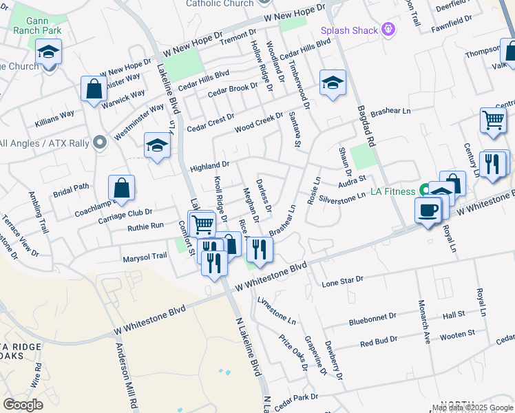 map of restaurants, bars, coffee shops, grocery stores, and more near 1304 Meghan Dr in Cedar Park