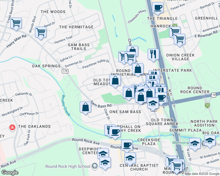 map of restaurants, bars, coffee shops, grocery stores, and more near 1203 Highmeadows Cove in Round Rock