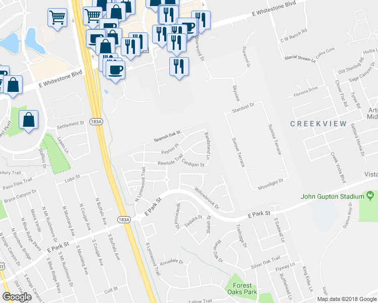 map of restaurants, bars, coffee shops, grocery stores, and more near 1124 Rawhide Trail in Cedar Park
