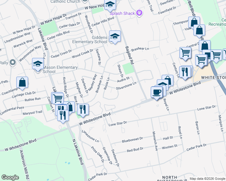 map of restaurants, bars, coffee shops, grocery stores, and more near 1206 Birdie Cove in Cedar Park