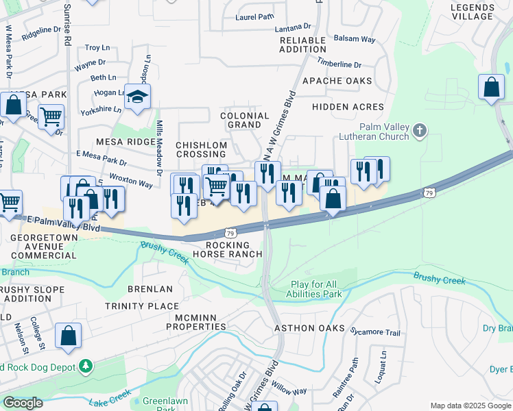 map of restaurants, bars, coffee shops, grocery stores, and more near 1700 East Palm Valley Boulevard in Round Rock