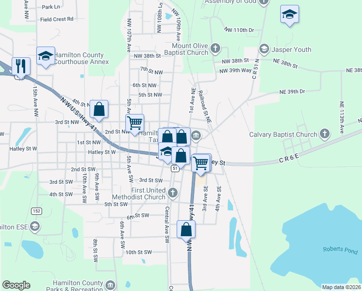 map of restaurants, bars, coffee shops, grocery stores, and more near 115 Central Avenue Northeast in Jasper