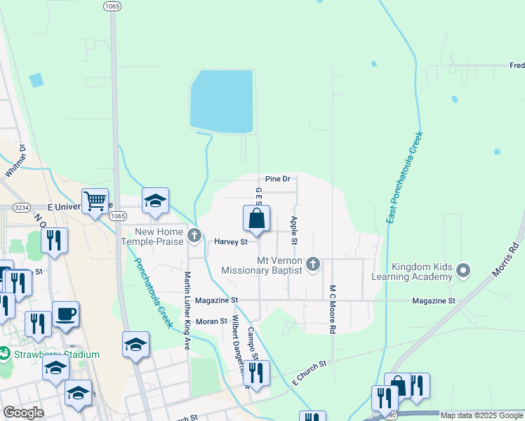 map of restaurants, bars, coffee shops, grocery stores, and more near 1410 Sunlane Street in Hammond