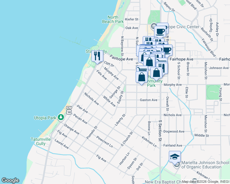 map of restaurants, bars, coffee shops, grocery stores, and more near 201 George Street in Fairhope
