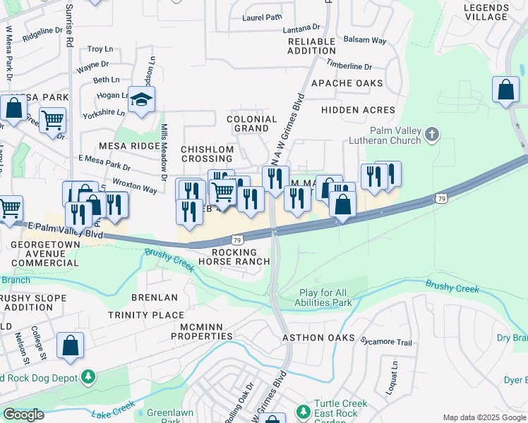 map of restaurants, bars, coffee shops, grocery stores, and more near 1700 Palm Valley Boulevard in Round Rock