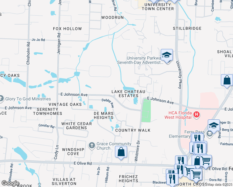 map of restaurants, bars, coffee shops, grocery stores, and more near 1120 Merrie Way in Pensacola