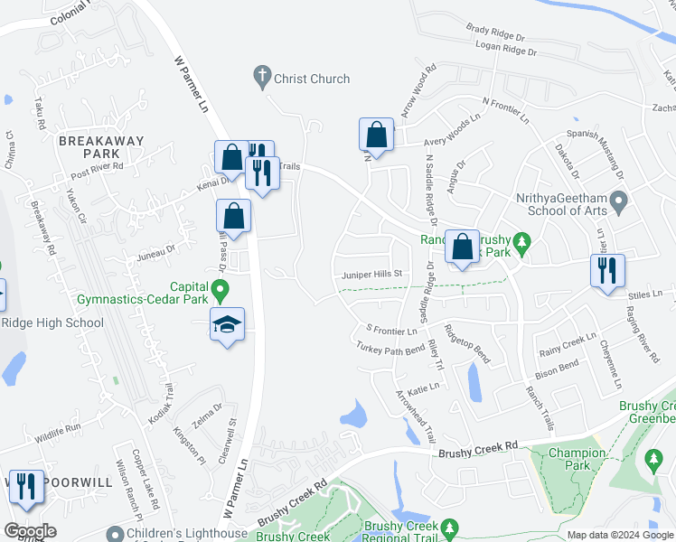 map of restaurants, bars, coffee shops, grocery stores, and more near 3601 Juniper Hills Street in Cedar Park