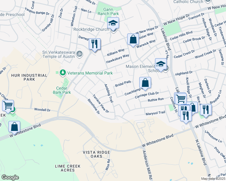 map of restaurants, bars, coffee shops, grocery stores, and more near 1510 Ambling Trail in Cedar Park
