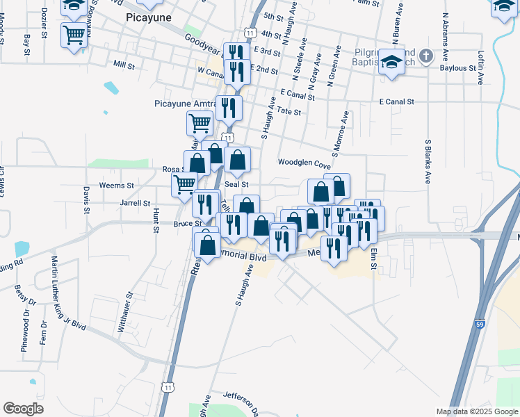 map of restaurants, bars, coffee shops, grocery stores, and more near 715 South Haugh Avenue in Picayune