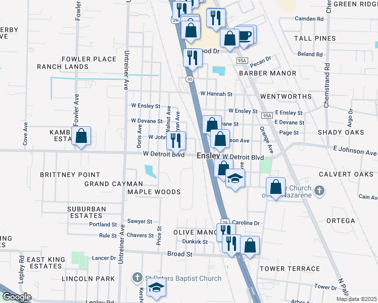 map of restaurants, bars, coffee shops, grocery stores, and more near 520 West Detroit Boulevard in Pensacola