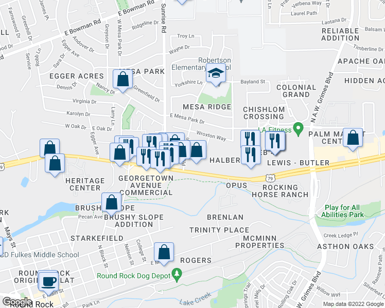 map of restaurants, bars, coffee shops, grocery stores, and more near 1221 Provident Lane in Round Rock