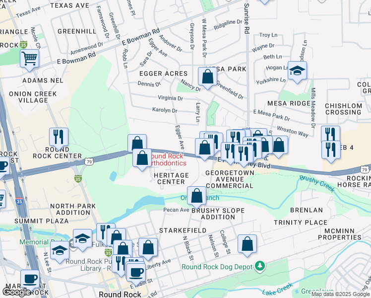 map of restaurants, bars, coffee shops, grocery stores, and more near 806 East Palm Valley Boulevard in Round Rock
