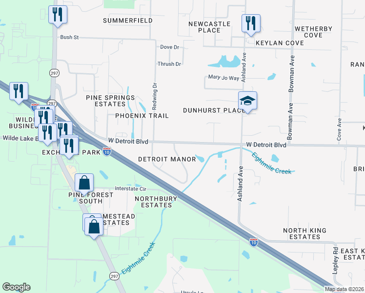 map of restaurants, bars, coffee shops, grocery stores, and more near 1997 West Detroit Boulevard in Pensacola