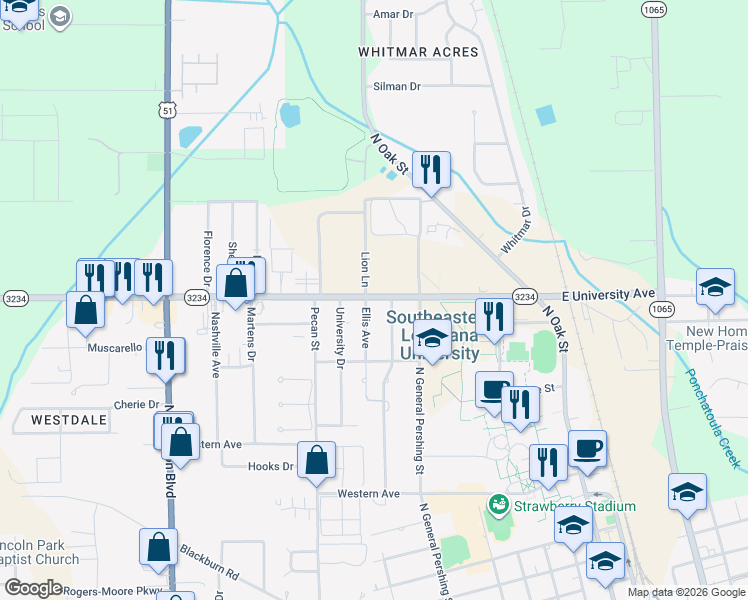 map of restaurants, bars, coffee shops, grocery stores, and more near 1512 Ellis Drive in Hammond