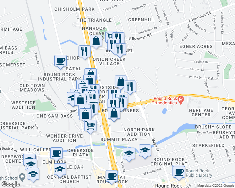 map of restaurants, bars, coffee shops, grocery stores, and more near 204 Northwest Drive in Round Rock