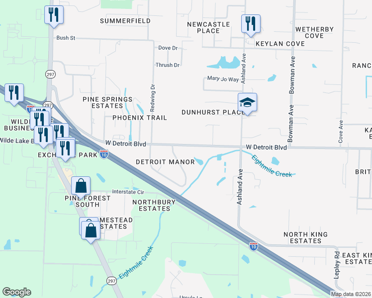 map of restaurants, bars, coffee shops, grocery stores, and more near 1997 West Detroit Boulevard in Pensacola
