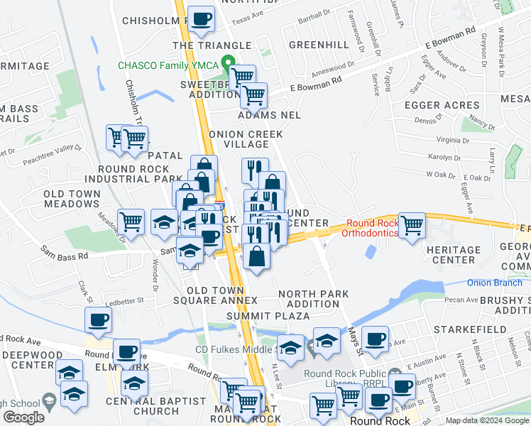 map of restaurants, bars, coffee shops, grocery stores, and more near 204 Northwest Drive in Round Rock