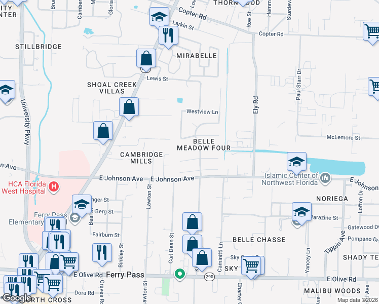 map of restaurants, bars, coffee shops, grocery stores, and more near 2751 Chickering Rd in Pensacola