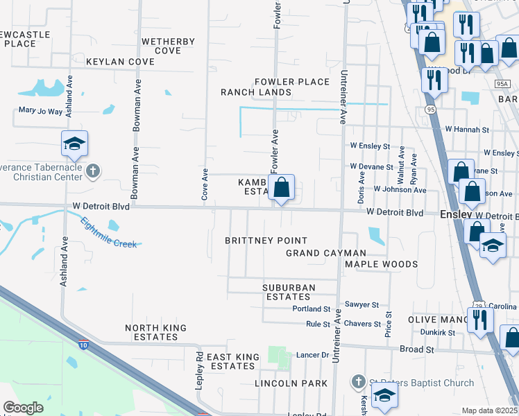 map of restaurants, bars, coffee shops, grocery stores, and more near 1234 West Detroit Boulevard in Pensacola