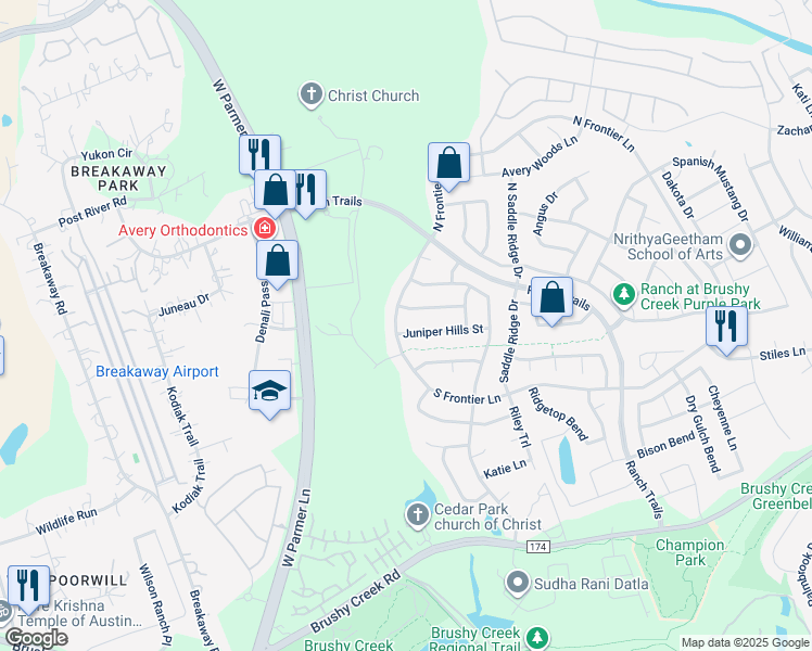 map of restaurants, bars, coffee shops, grocery stores, and more near 3603 Juniper Hills Street in Cedar Park