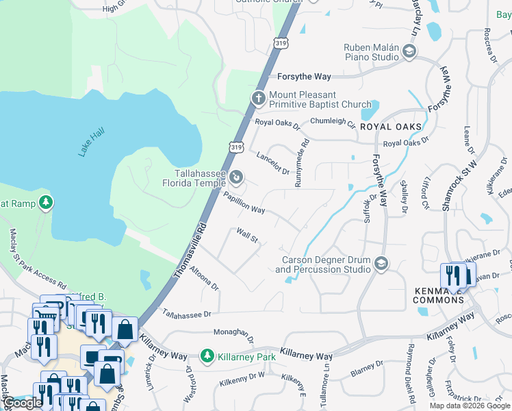 map of restaurants, bars, coffee shops, grocery stores, and more near 2460 Elfinwing Lane in Tallahassee
